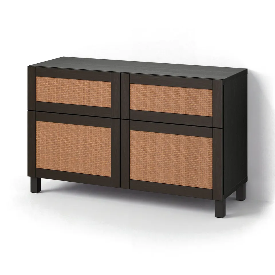 BESTÅ Storage combination w doors/drawers, black-brown Studsviken/Stubbarp/dark brown woven poplar, 120x42x74 cm
