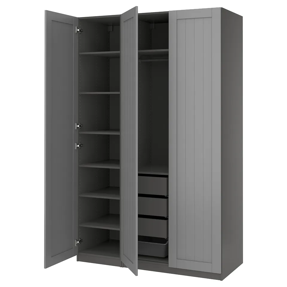 Grey PAX wardrobe, open doors, five shelves, two drawers, mesh basket.