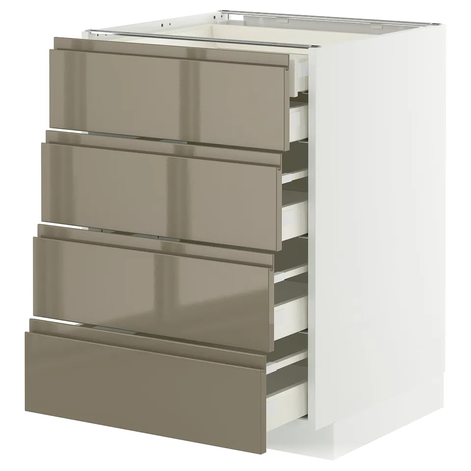 A white METOD kitchen unit with four high gloss dark grey-brown drawers featuring integrated handles.