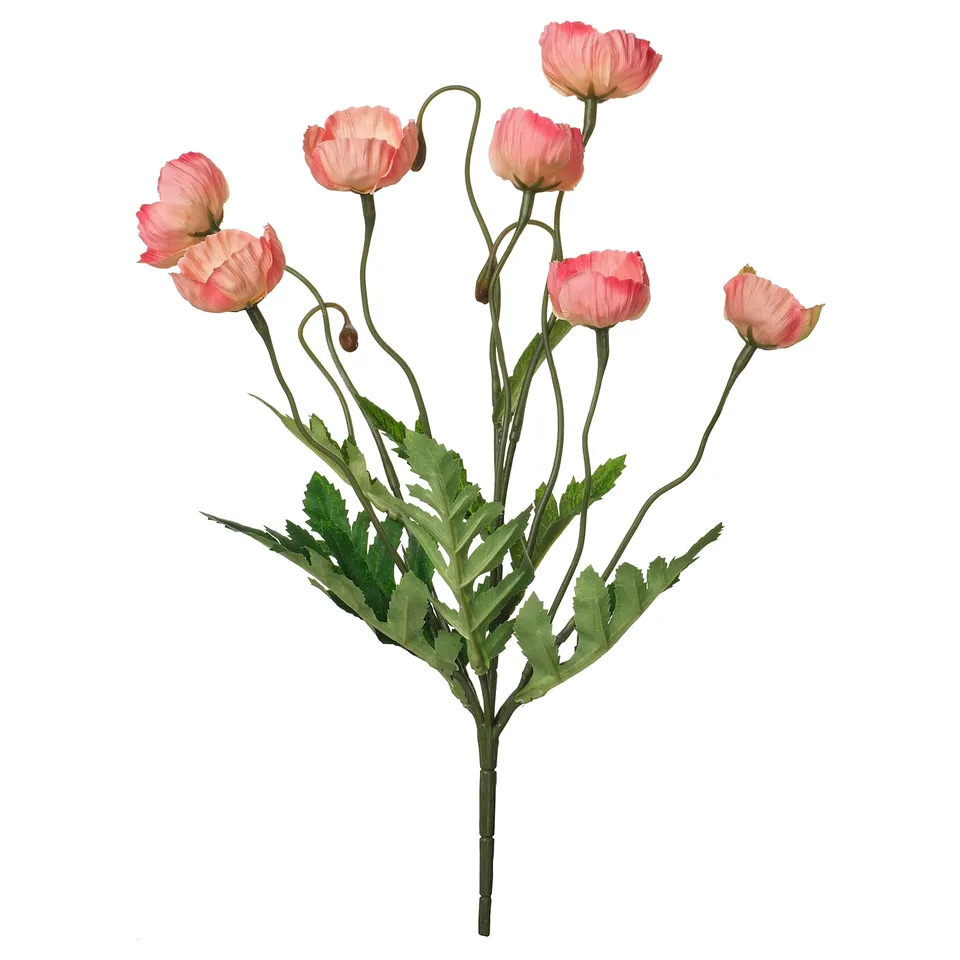 SMYCKA bouquet: 6 light pink flowers on green stem with leaves. Realistic, artificial, recycled materials.
