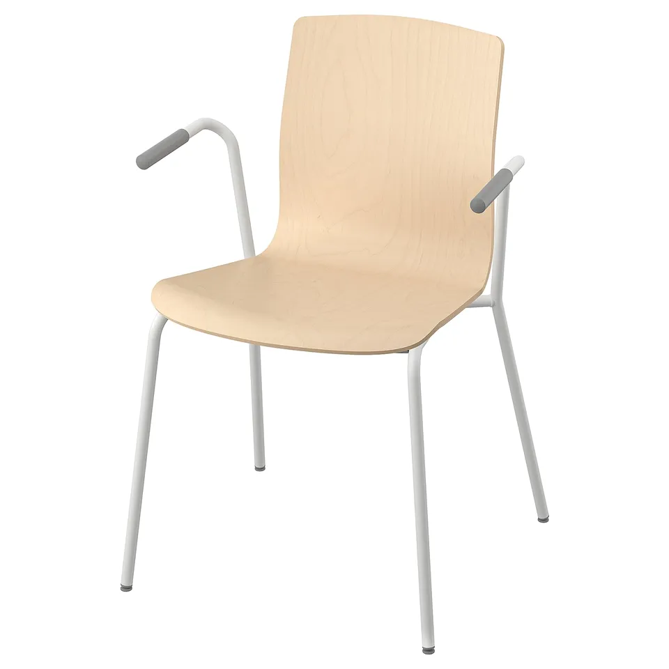 The LÄKTARE chair a light birch veneer seat and back, supported by white metal legs. It has padded grey armrests and a sleek, modern design.