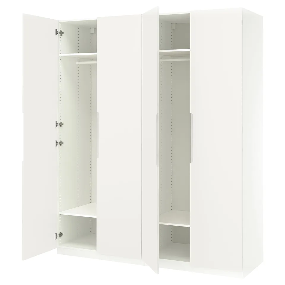 This image shows a white ikea PAX wardrobe with open doors, revealing empty shelves and a hanging rod, designed for efficient closet storage.