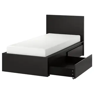 MALM bed frame, high, w 2 storage boxes, black-brown/Luröy, 90x200 cm