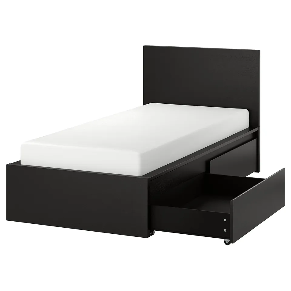 Modern black bed with white mattress, sleek headboard, and under-storage drawers.