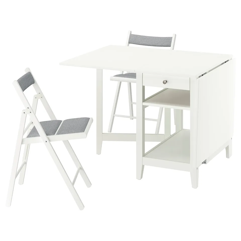 White NÄSINGE dining set with drop-leaf table and folding chairs.
