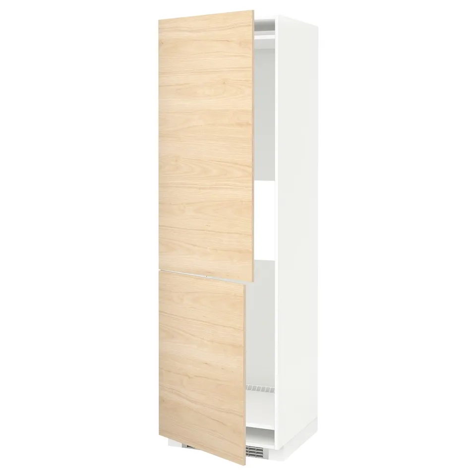 A white and light wood METOD kitchen cabinet with two doors, vertically oriented, featuring a sleek and modern design.