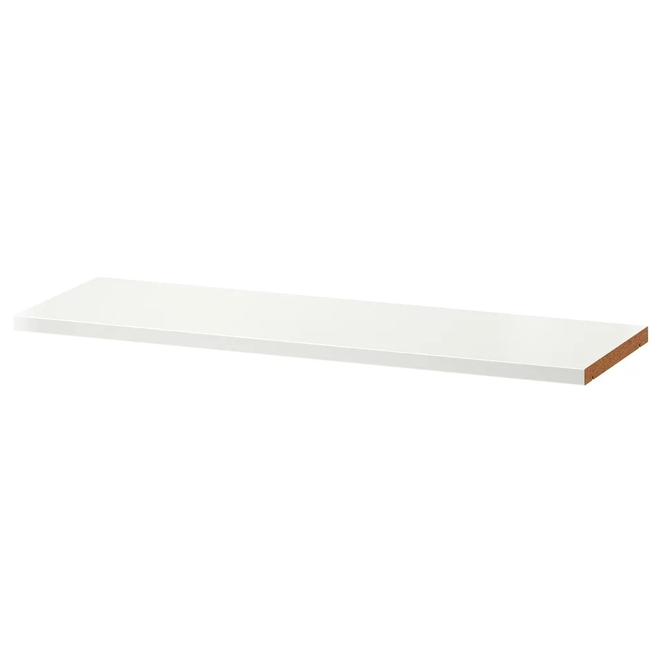 A white BILLY bookshelf shelf made of particleboard, rectangular in shape, and simple in design.
