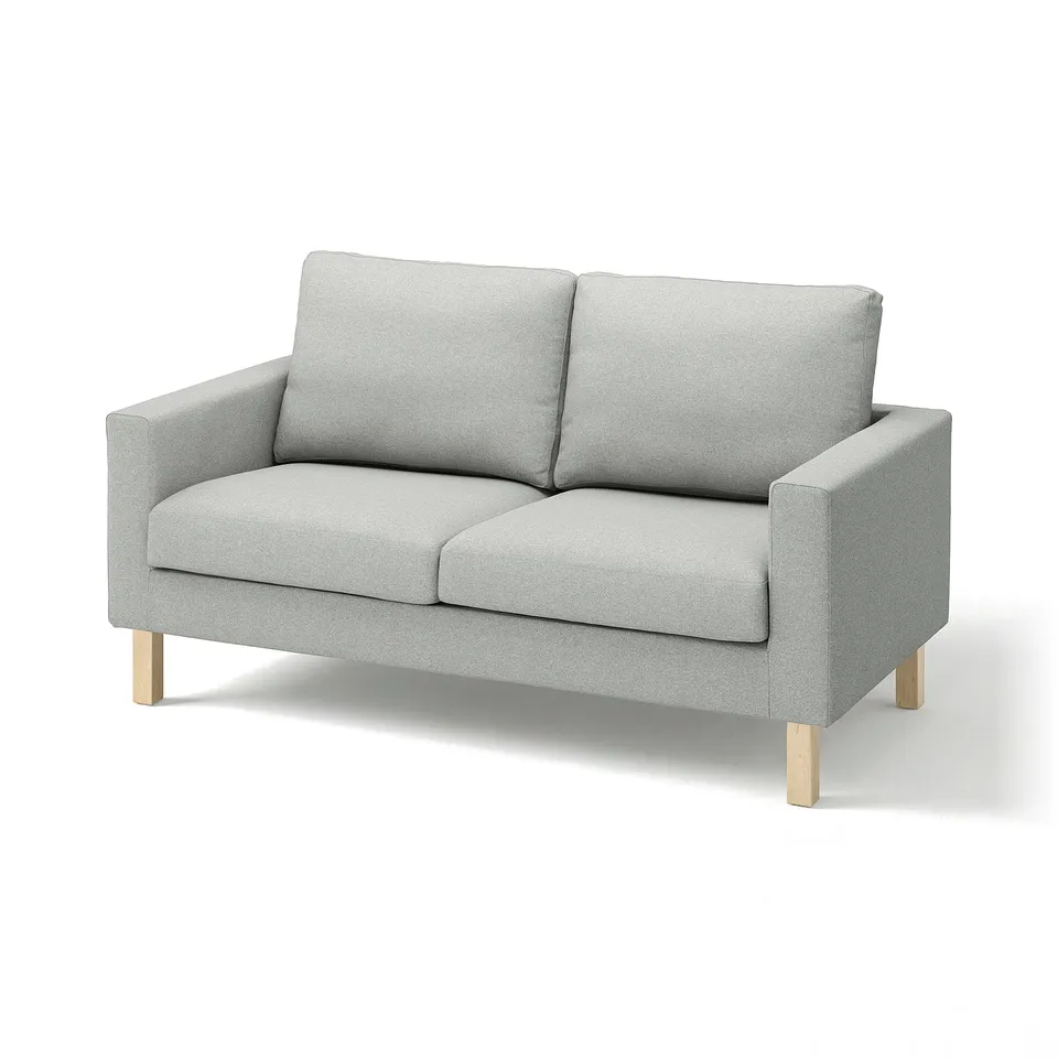 Grey recycled polyester sofa, modern design, light wooden legs.