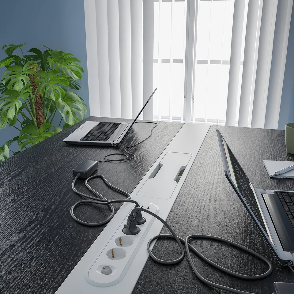 High conference table with built-in power, supports sitting/standing, charges up to 4 devices, ideal for meetings and independent work.