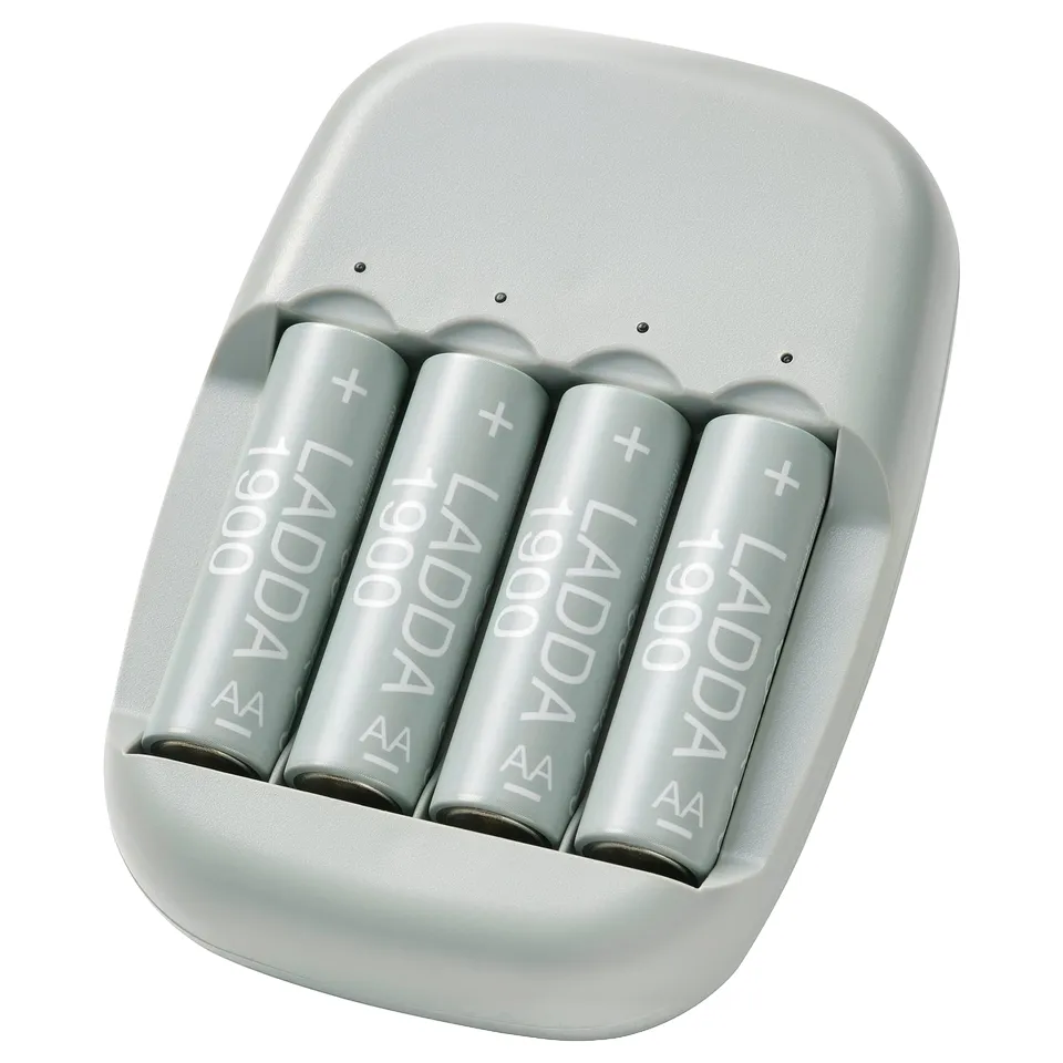 IKEAs grey STENKOL battery charger holds four ladda grey rechargeable batteries.