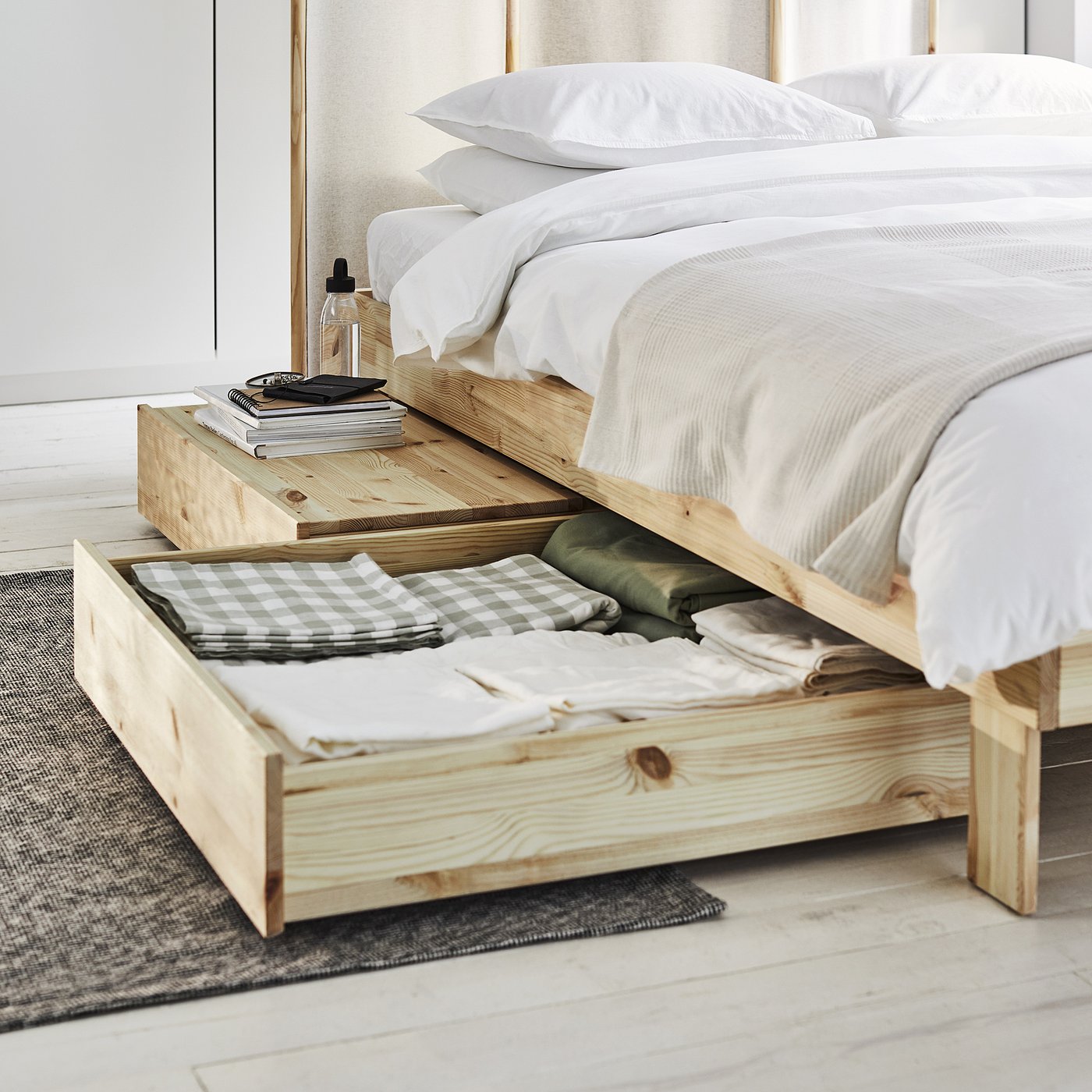 GLAMBERGET Bed frame with storage and mattress, pine/Vesteröy extra firm, 90x200 cm