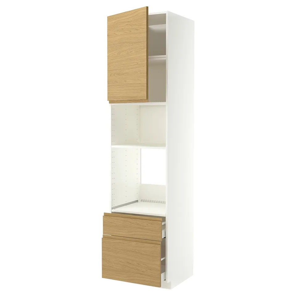 A tapered white tall kitchen cabinet with a wooden top door and two wooden drawers, featuring a minimalist design with integrated handles.