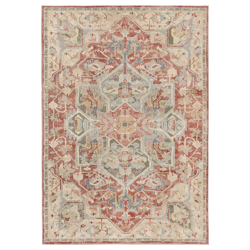 Colourful rectangular rug with intricate patterns in shades of blue, red, and beige. Traditional geometric designs, made from polyester and jute.