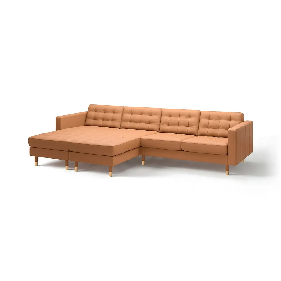 LANDSKRONA brown leather sectional sofa, tufted design, modern minimalist style, with sturdy wooden legs.