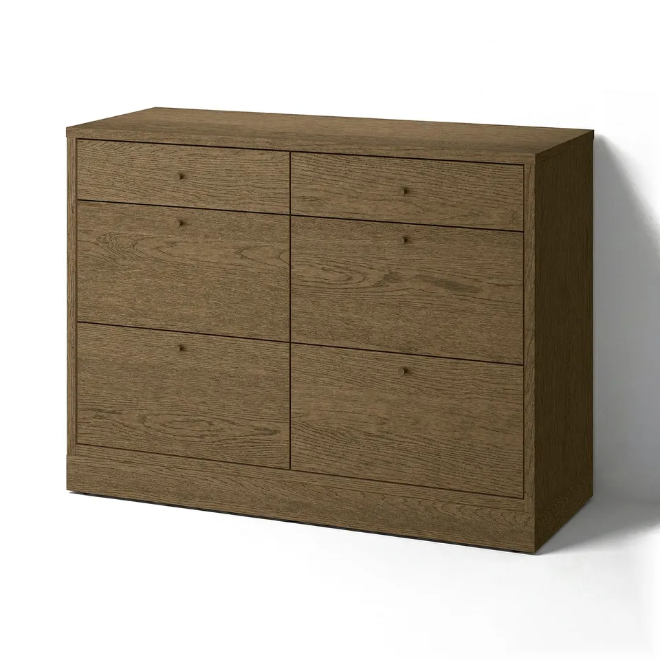 The TONSTAD brown wooden dresser with six drawers. It has a modern, minimalist look with brushed veneer and oak knobs.