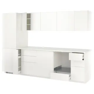 METOD kitchen, white/Veddinge white, Depth 63.5 x Width 303.5 x Height 208.0 cm