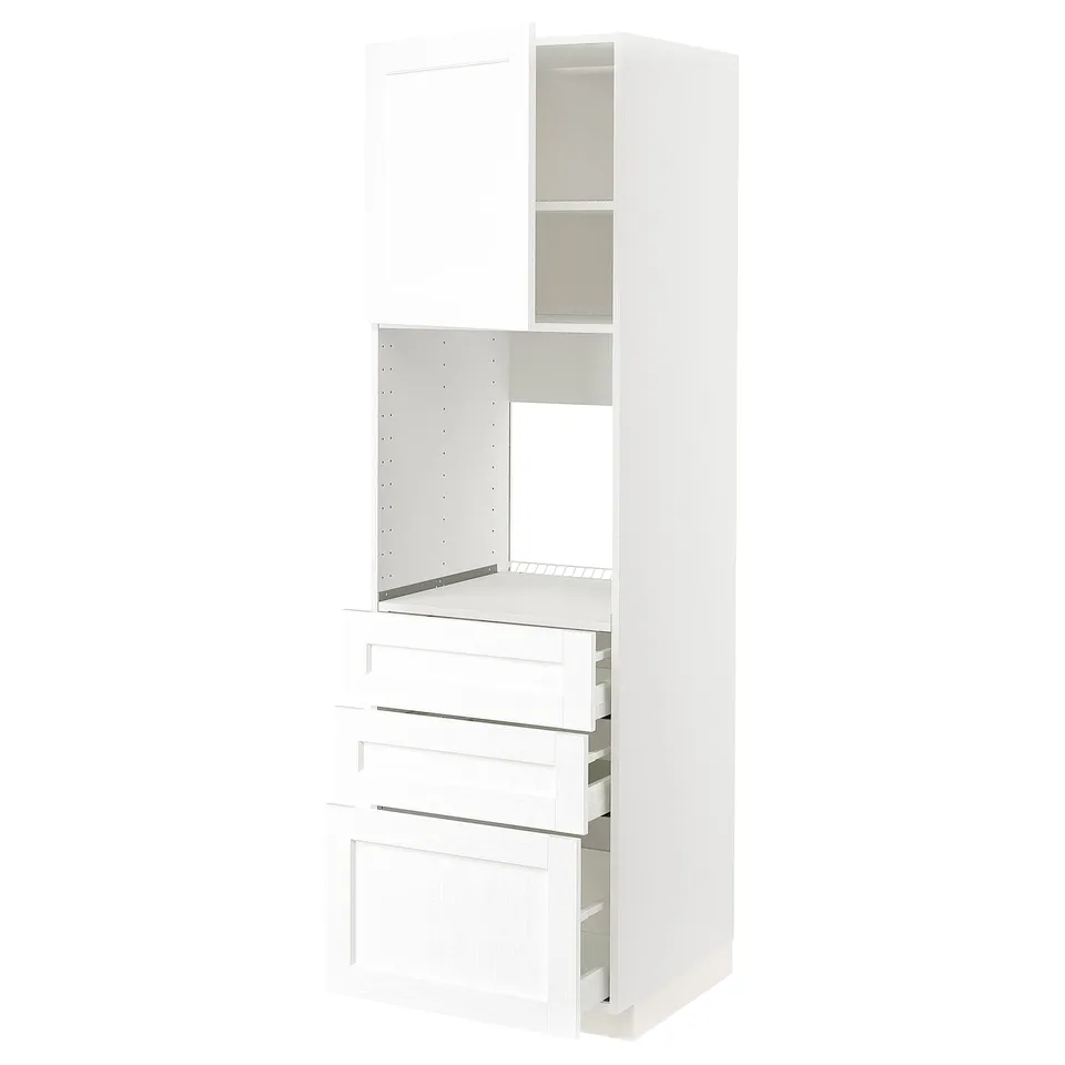METOD kitchen unit in white with grain texture, featuring cabinets, drawers, and shelves for storage.