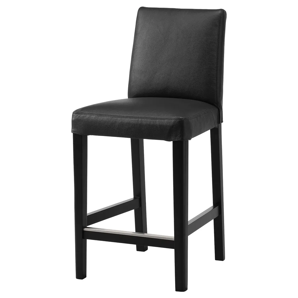 Black leather bar stool BERGMUND with cushioned seat and metal frame, modern design.