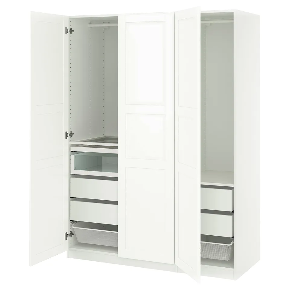 White PAX wardrobe with open doors, multiple drawers, and shelves. Modern design with sleek edges.