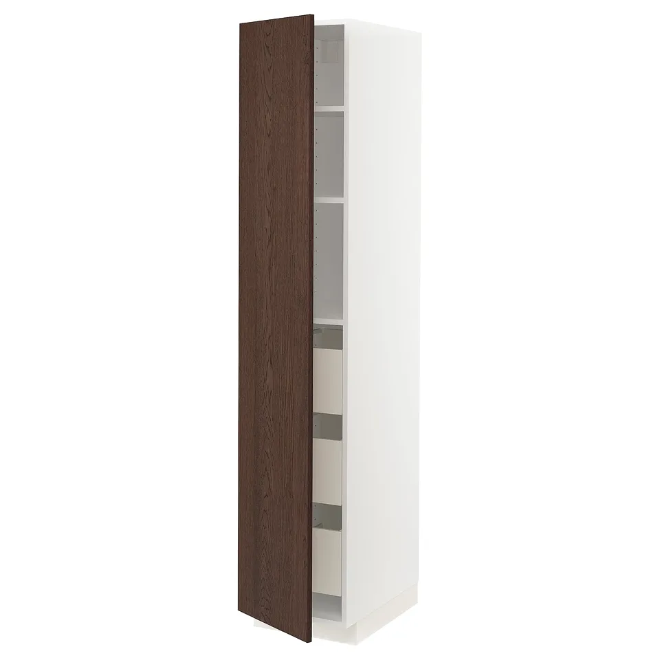 White METOD kitchen cabinet with dark brown sinarp wood door.