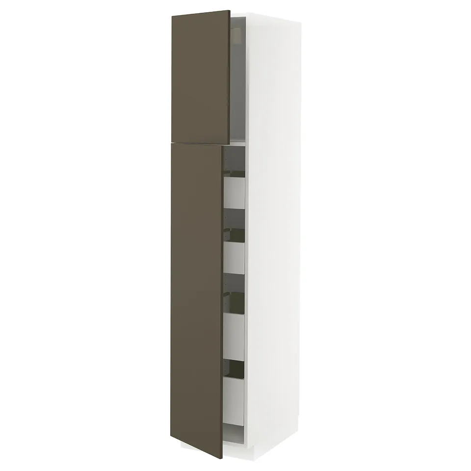 A modern tall kitchen cabinet with brown and beige doors, featuring multiple shelves behind a partially open right door.