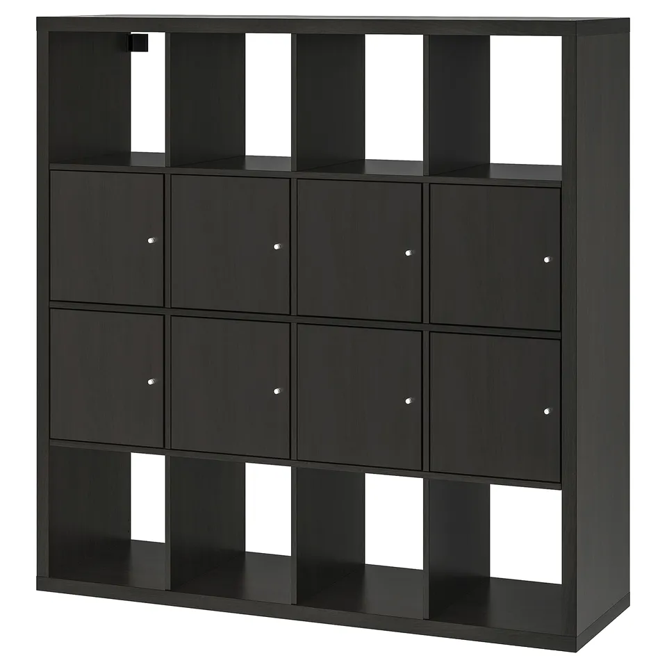 Black KALLAX shelving unit with mix of open and closed compartments for versatile storage.