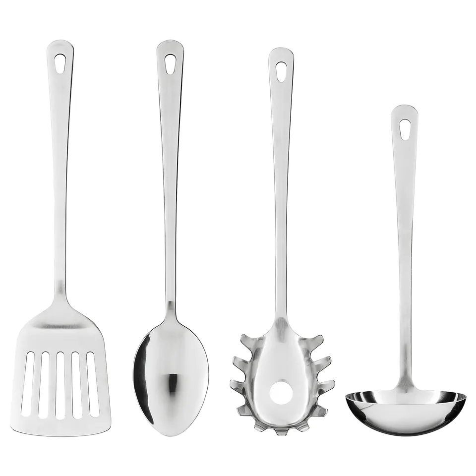 Four stainless steel kitchen utensils: spatula, spoon, strainer, ladle. Silver, long handles, basic design.