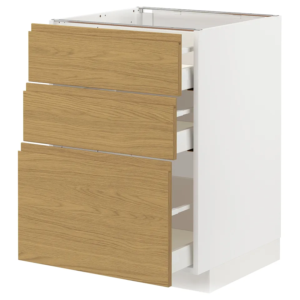 White METOD kitchen cabinet with oak-effect drawers, three-tiered, minimalist design.