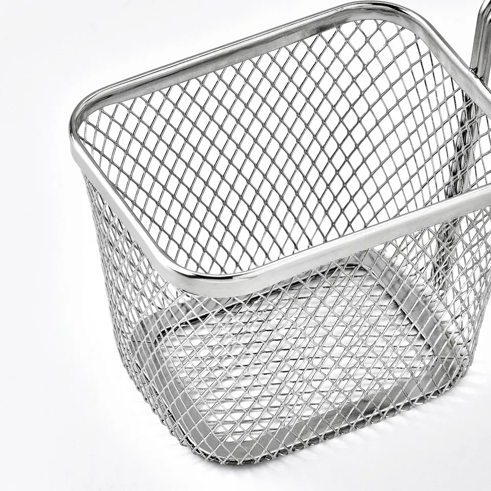 Stainless steel mesh basket for serving food; durable, practical, and stackable.