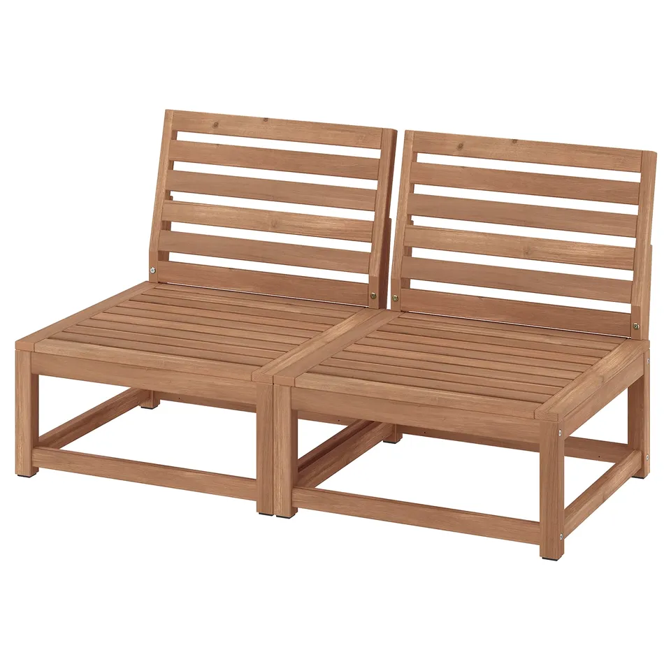 NÄMMARÖ: natural brown wooden outdoor seating with slatted backrest and seat, square edges.