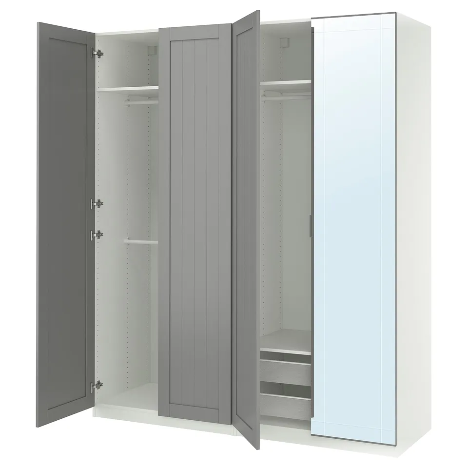Open 3-door wardrobe: 2 grey, 1 white with hanging & shelf storage.