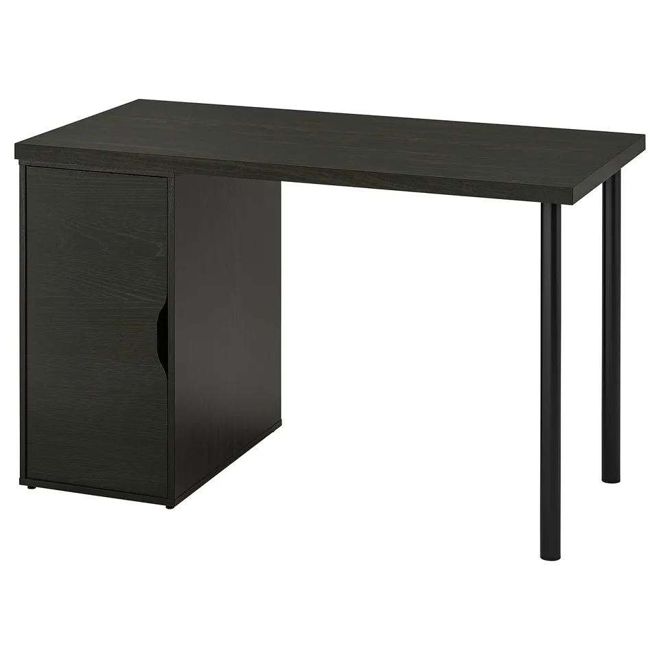 An ikea LAGKAPTEN desk in dark grey, with a rectangular top and single-door storage. Its modern design supports a clean workspace.