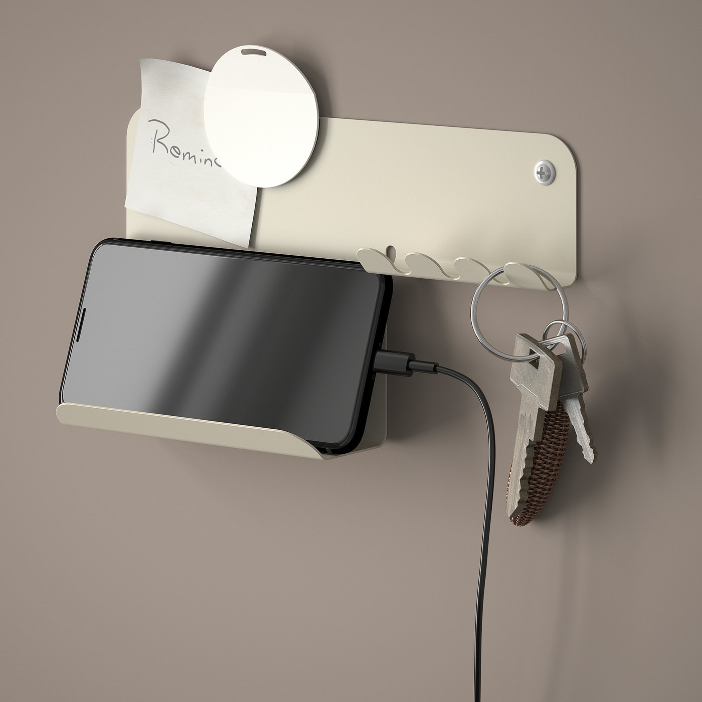 Wall organiser with phone charging, key holder, and note area.