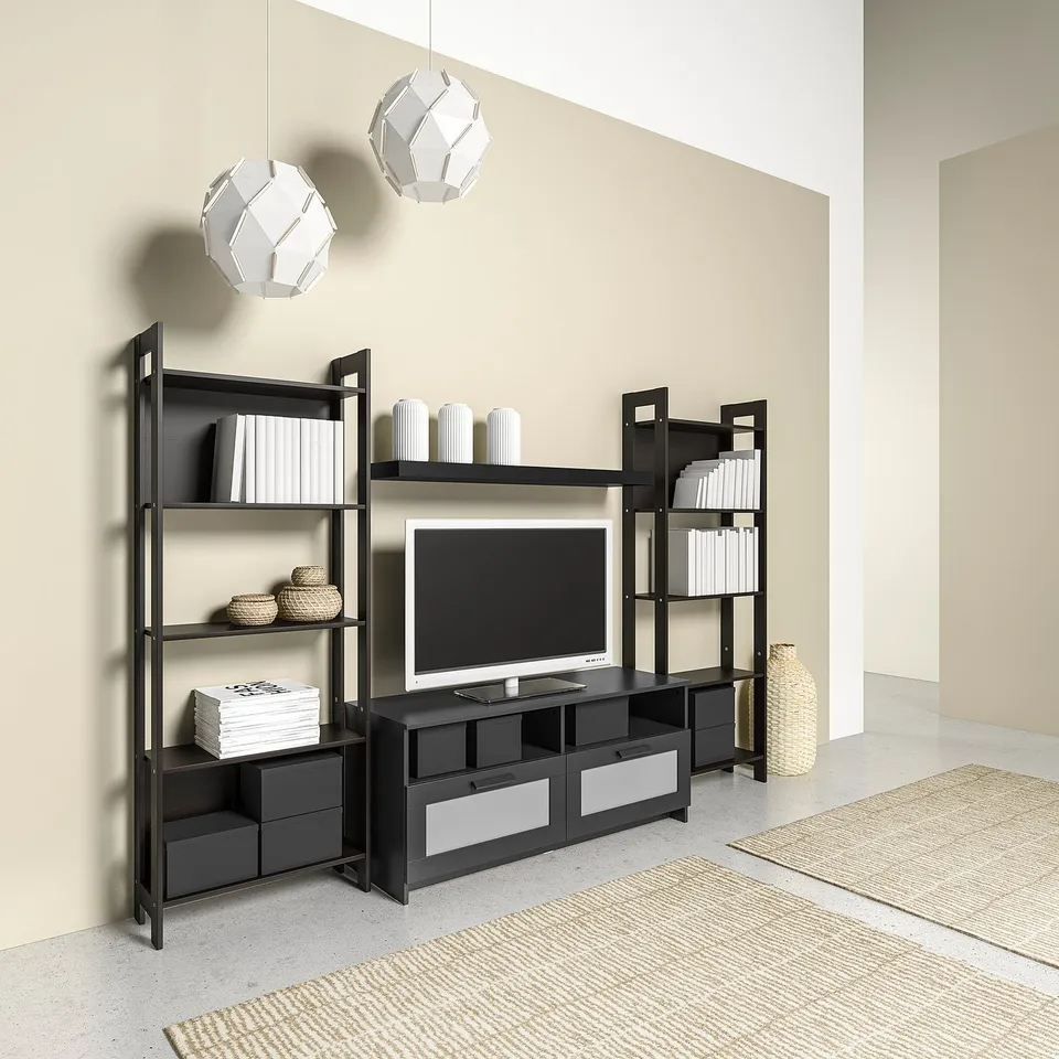 Modern living room setup with black LAIVA tv stand, shelves, and geometric white pendant lamps.