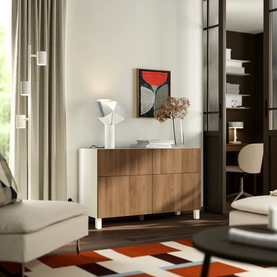 BESTÅ Storage combination w doors/drawers, white Lappviken/Stubbarp/brown walnut effect, 120x42x74 cm