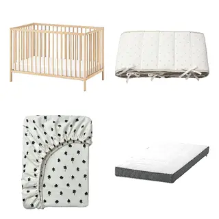 DRÖMMANDE/GRÖNFINK/LENAST/SNIGLAR set: cot + bumper pad + fitted sheet for cot + pocket spring mattress for cot