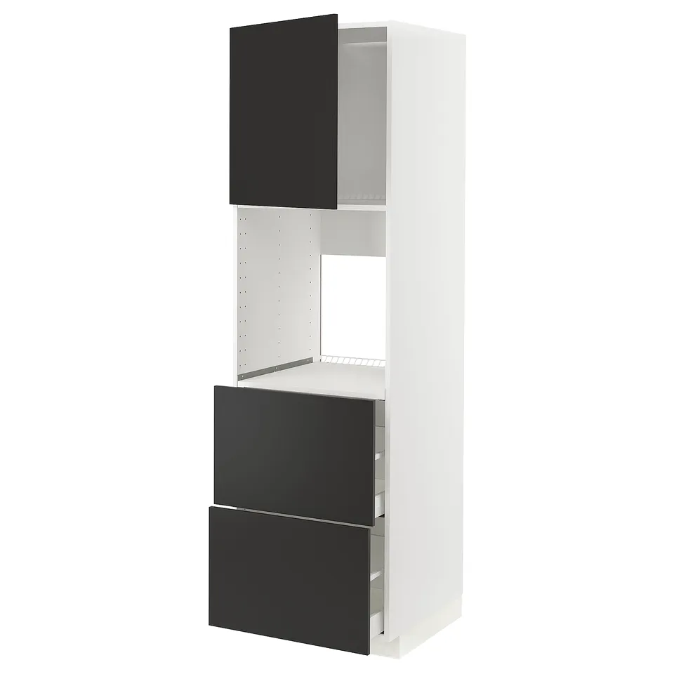 An ikea METOD kitchen cabinet with black doors. It has a white frame and includes shelves and drawers.