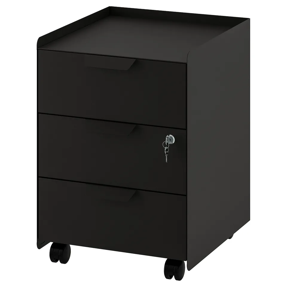 A TROTTEN black mobile filing cabinet with three lockable drawers on wheels. Modern design for easy mobility and secure storage.