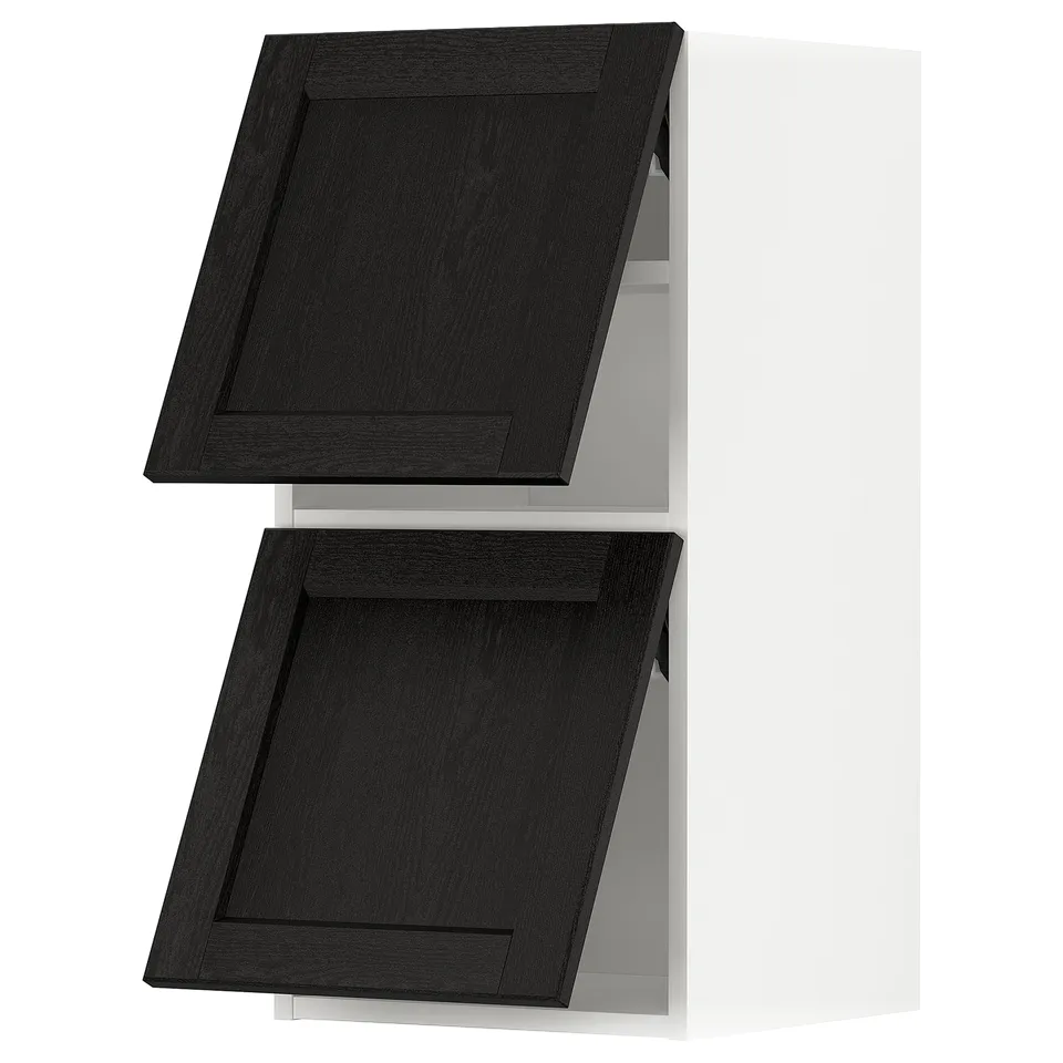 A black stained wooden cabinet with two doors from the METOD kitchen system, featuring a traditional design with bevelled edges.