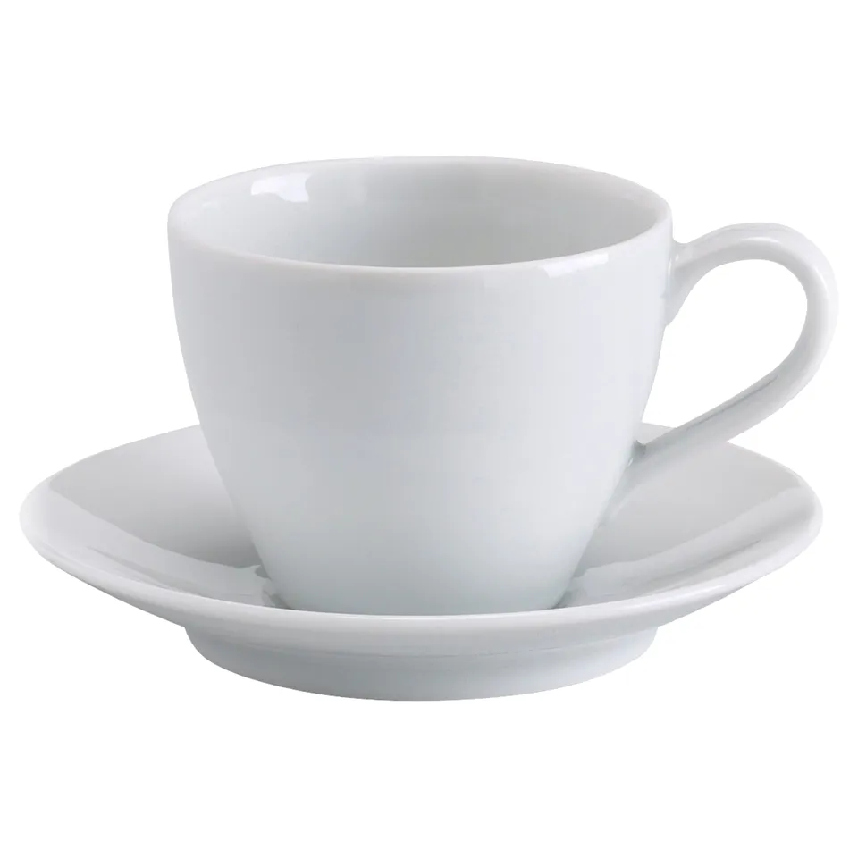 A single white, rounded, porcelain coffee cup and saucer set. Simple and elegant design.