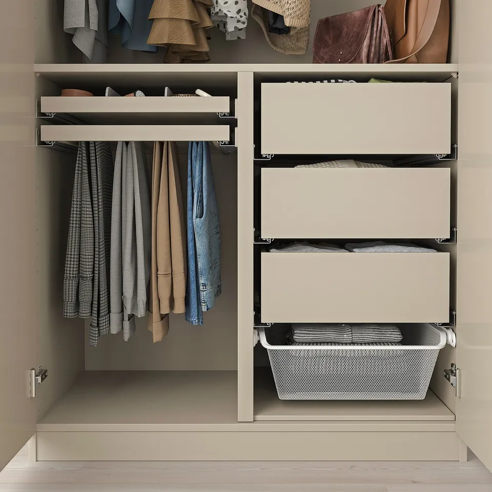 Organised closet with hanging pants, stacked drawers, and mesh storage bin in pax wardrobe.
