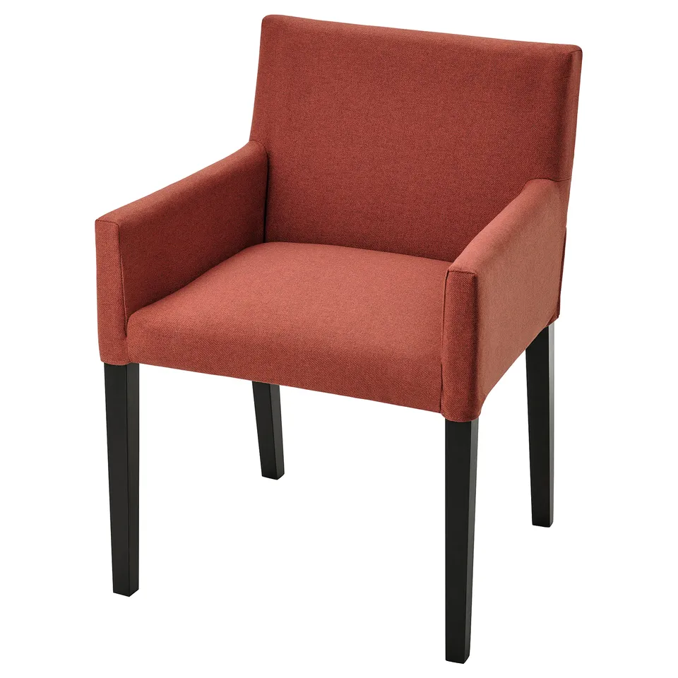 A modern red chair with black legs, square shape and armrests. Covered in gunnared fabric, looks stylish and comfortable.