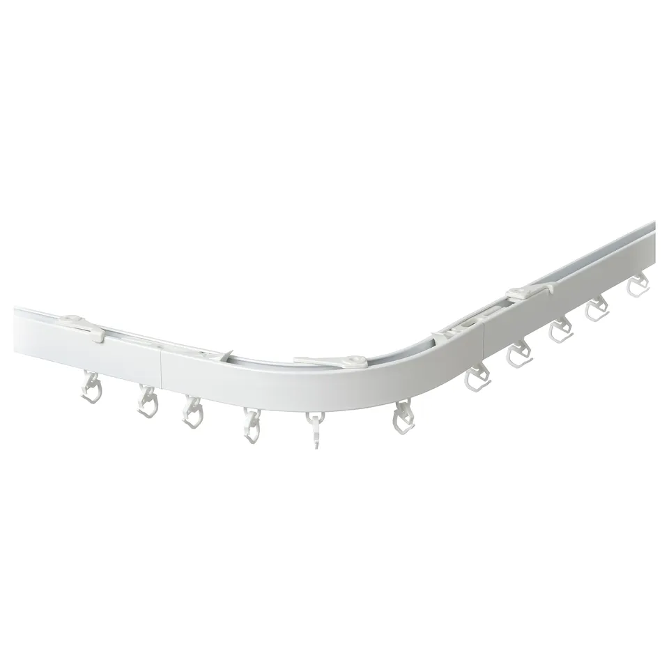 White VIDGA curtain track, curved, mounts on ceiling, made of aluminium and plastic.