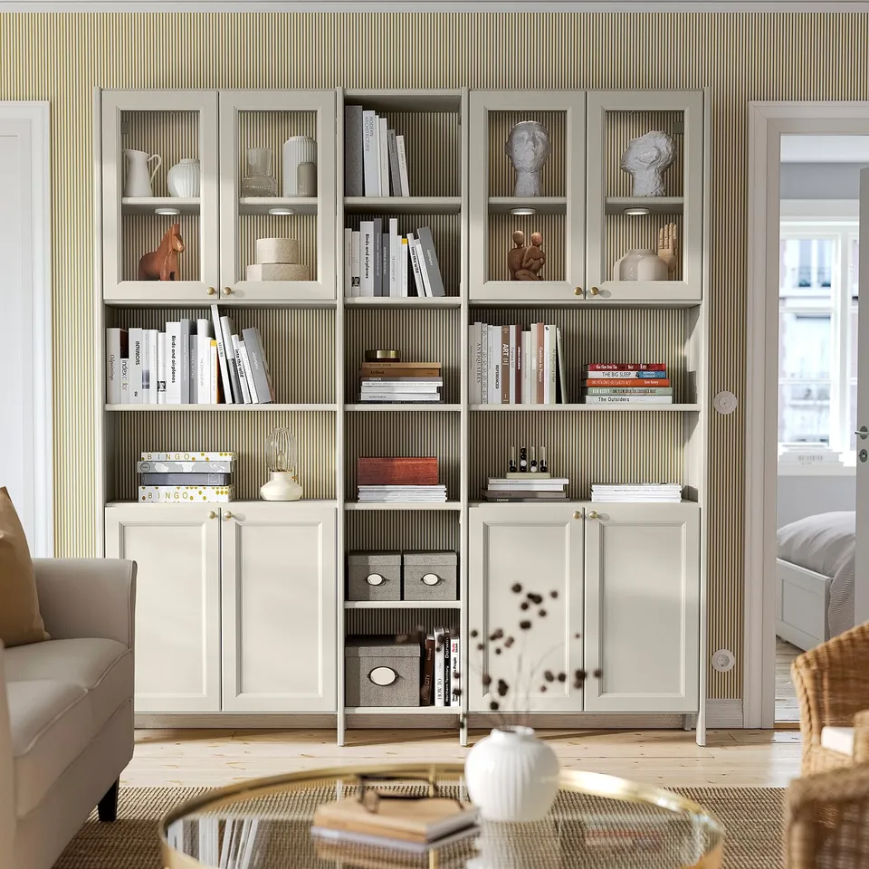 GULDDRAGARE Storage combination, beige clear glass/with doors with shelves, 200x37x216 cm