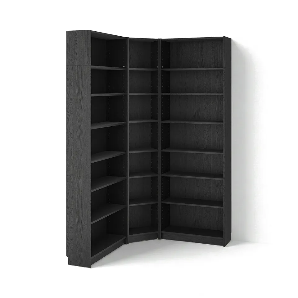 Black BILLY bookshelf, an empty wooden corner unit with multiple shelves, modern and minimalistic design.