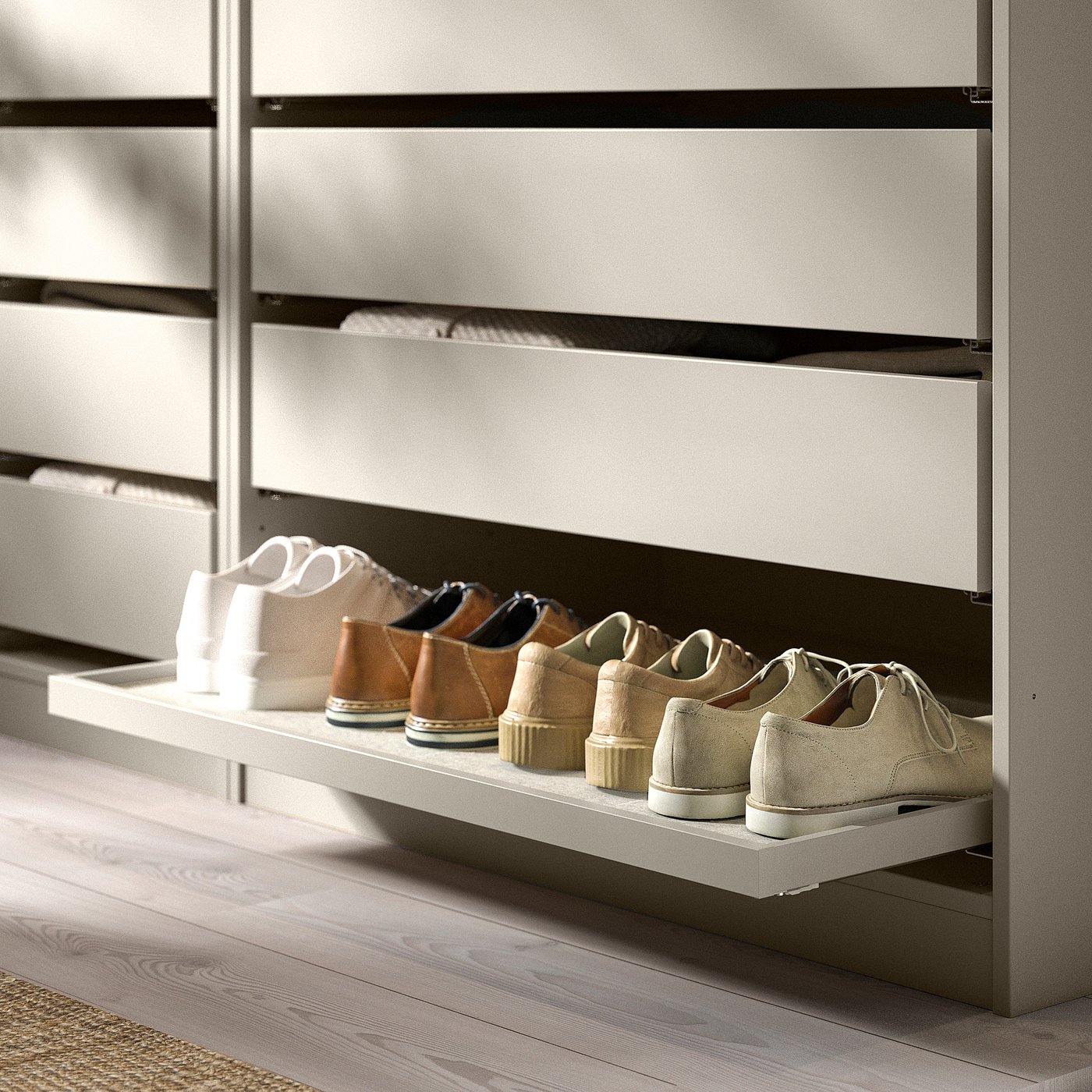 KOMPLEMENT pull-out tray, beige, fiberboard & foil, rectangular, minimalist design.