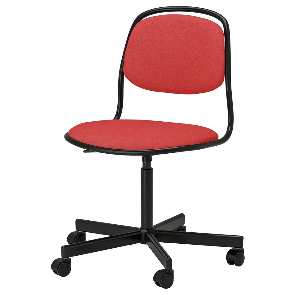Red mesh office chair with black metal frame and wheels.