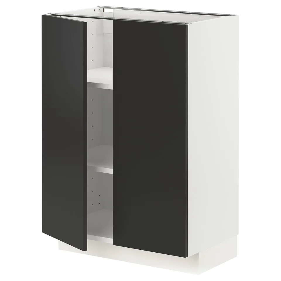 A two-door METOD kitchen cabinet in black and white with adjustable shelves.