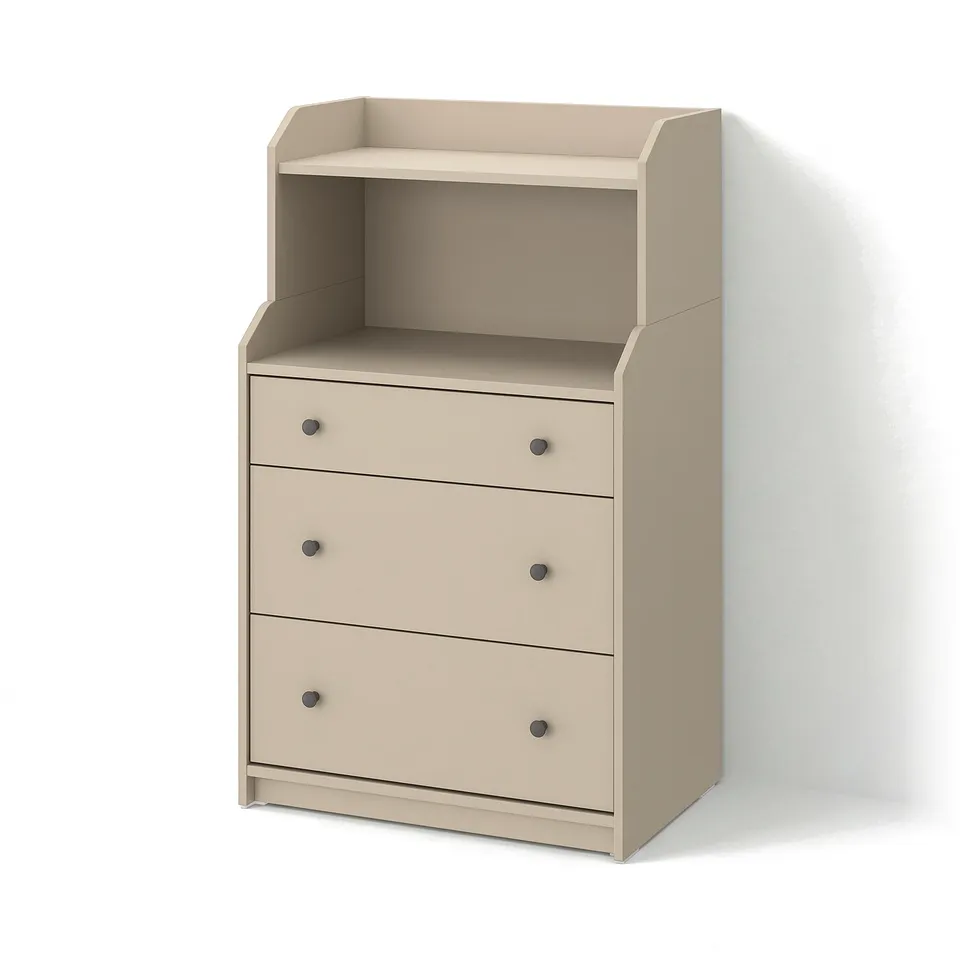 HAUGA chest in beige with 3 drawers and open top shelf, offering hidden and open storage.