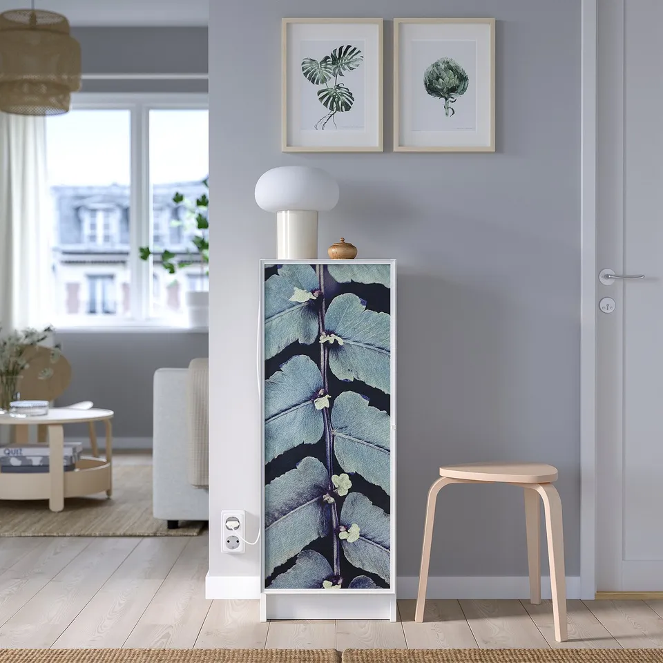 BILLY bookcase with blue-purple door, room scene, lamp, pictures, stool